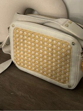 Rachel Zoe Barbuda White Beige Bamboo Handle Pull Crossbody Purse Bag